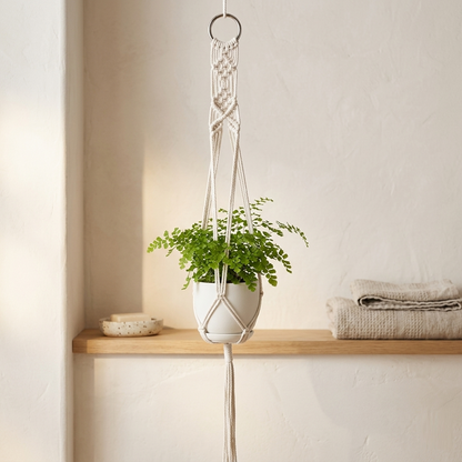 cotton rope plant hanger with ring tops on shelf, boho living room styling, housewarming gift