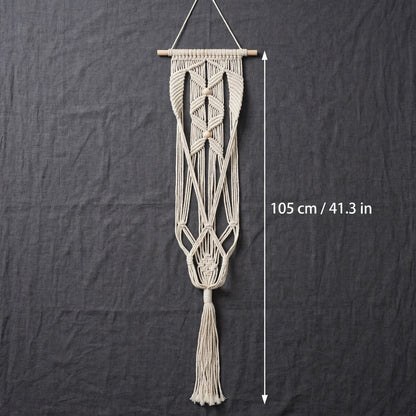 Macrame plant hanger flat lay size chart 105 cm 41 inches beige cotton rope wooden dowel measurement