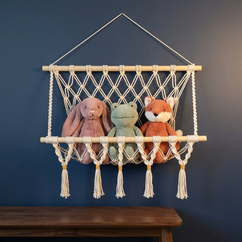 Macrame stuffed animal hammock with golden-wrapped tassels holding a plush bunny, frog and fox on a navy wall