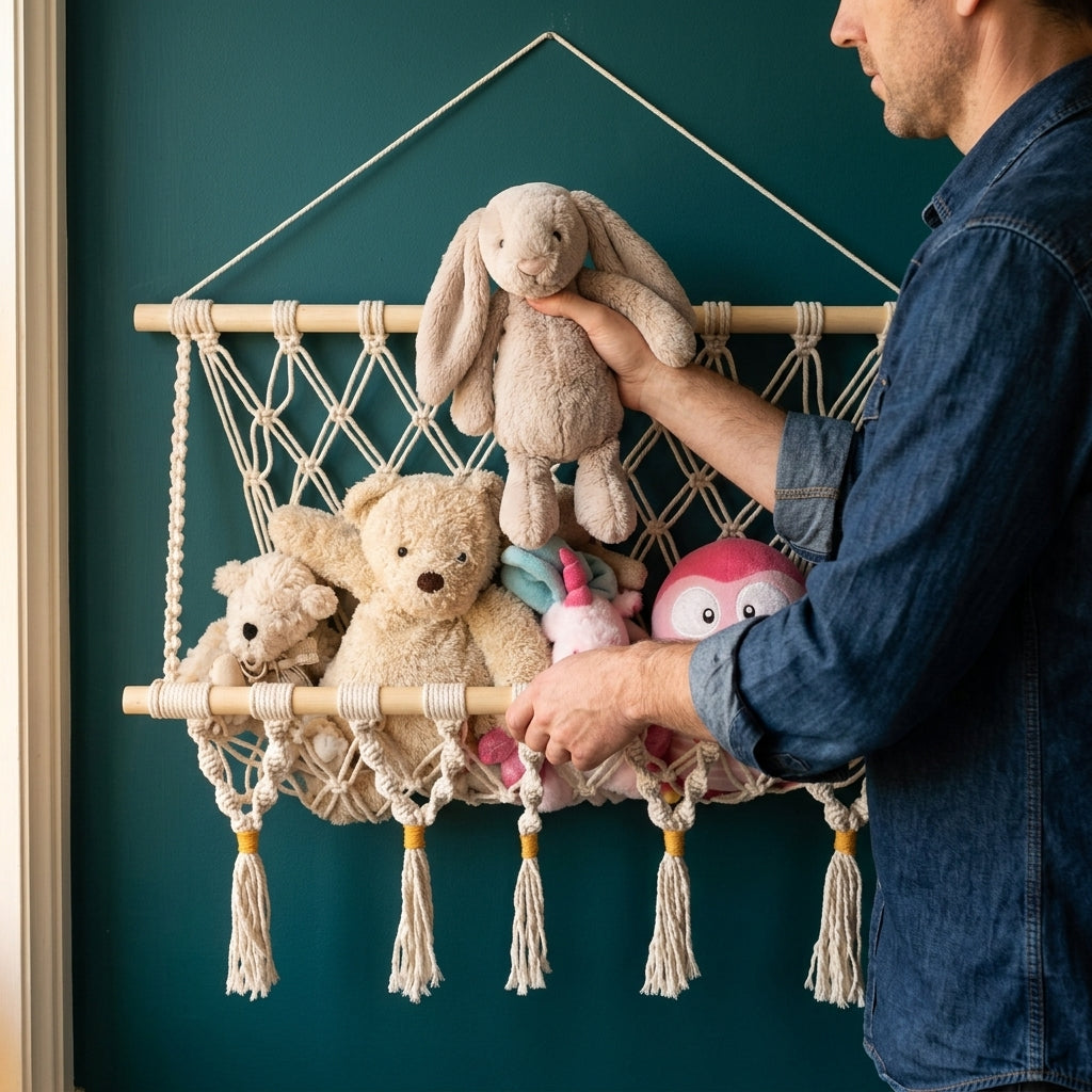 Person holding a macrame toy hammock with tassels filled with stuffed animals on a deep teal wall