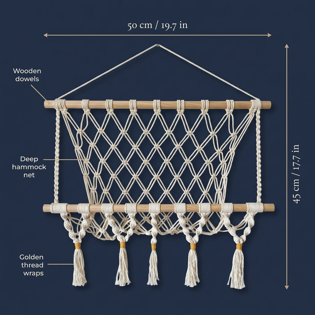 Macrame toy hammock Classic Tassel size guide: 50 cm wide × 45 cm high (19.7 × 17.7 in) with wooden dowels and deep net