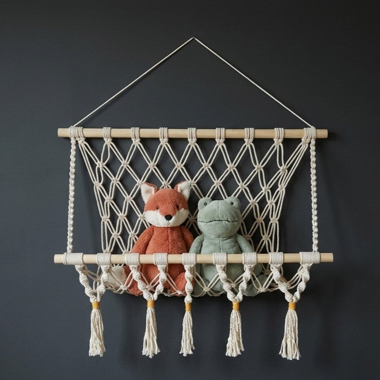 Macrame wall hammock with golden-wrapped tassels holding a plush fox and frog on a dark charcoal wall
