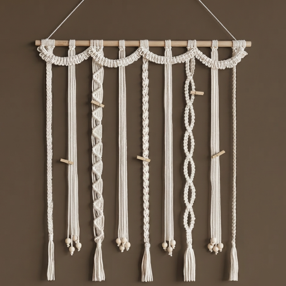 Suspension murale en macramé blanc crème avec tige en bois, perles en bois et pompons sur fond taupe