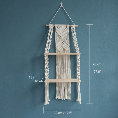 Macrame wall shelf dimensions 32x70 cm showing two floating wooden shelf boards size reference