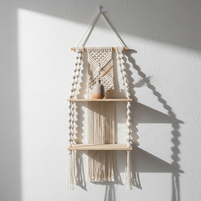 Macrame floating shelf with natural cotton cord and two wooden boards on white background product view