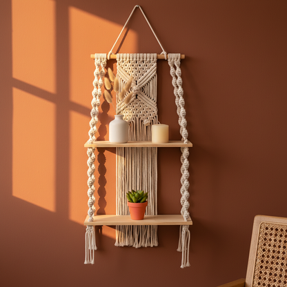 Macrame farmhouse shelf with fringe detail on warm brown wall styled with ceramics and natural decor