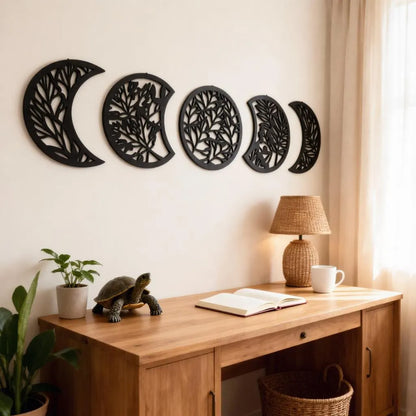 Moon Phase Wall Art Set of 5 Wooden Boho Celestial Home Ornament Crescent Decor