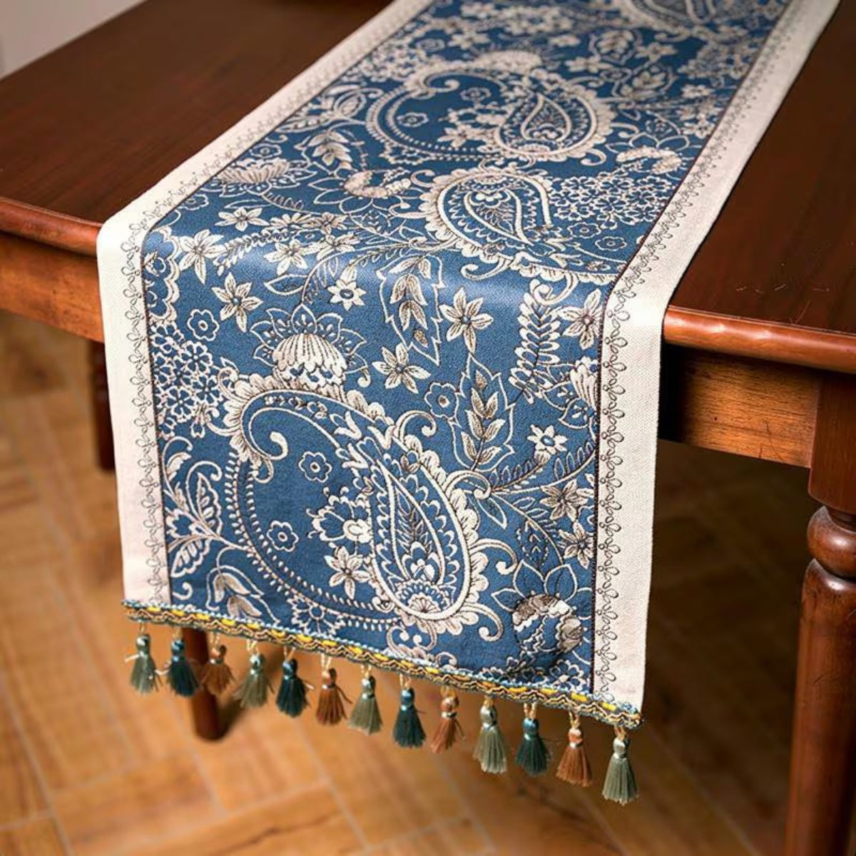 Navy paisley jacquard table runner with tassels — boho dining decor, main view