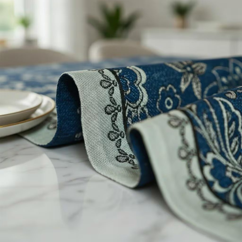 Navy paisley jacquard table runner with tassels, view 2