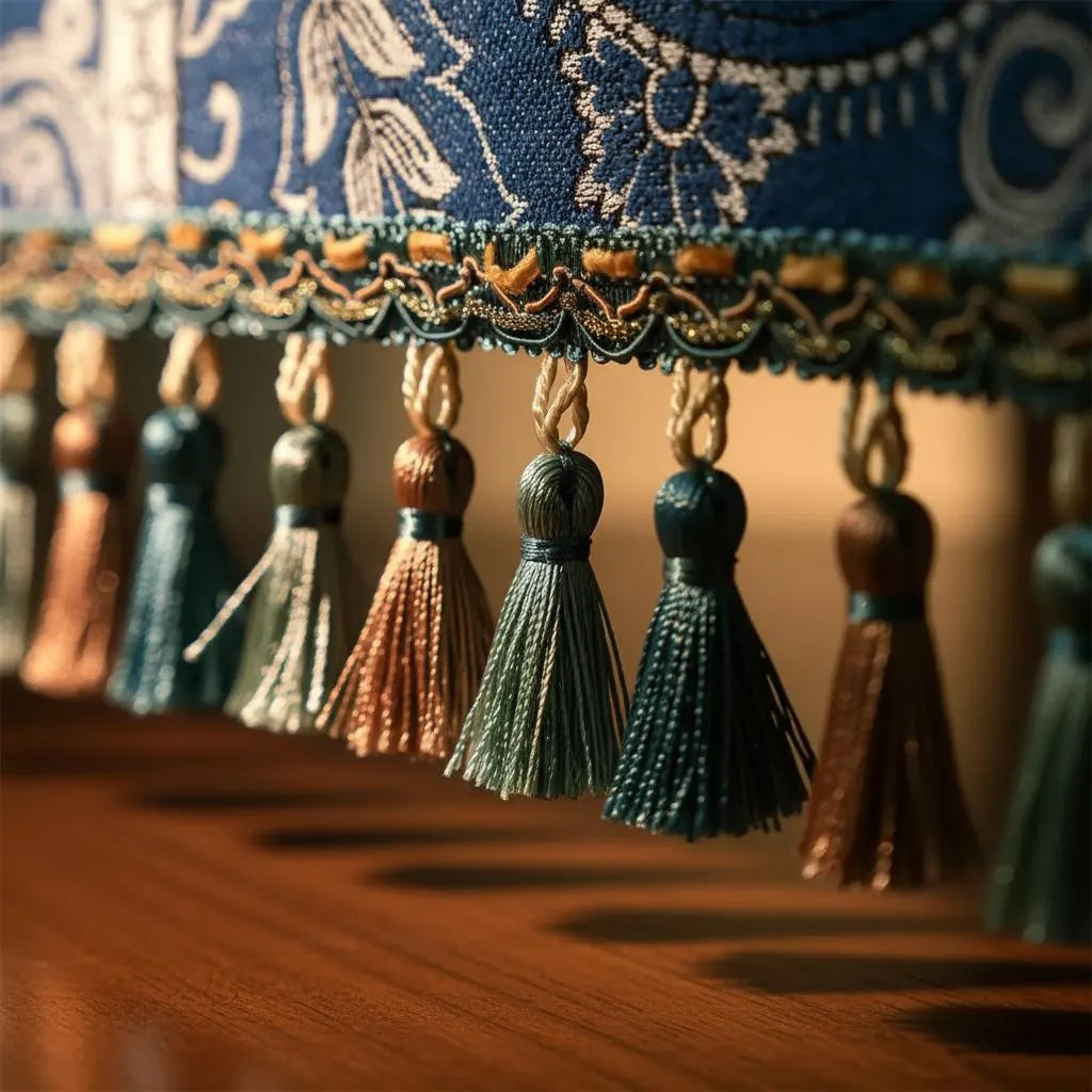 Navy paisley jacquard table runner with tassels, view 3