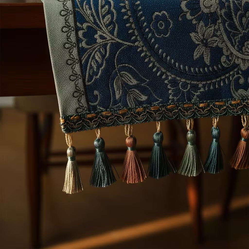 Navy paisley table runner — woven floral jacquard detail