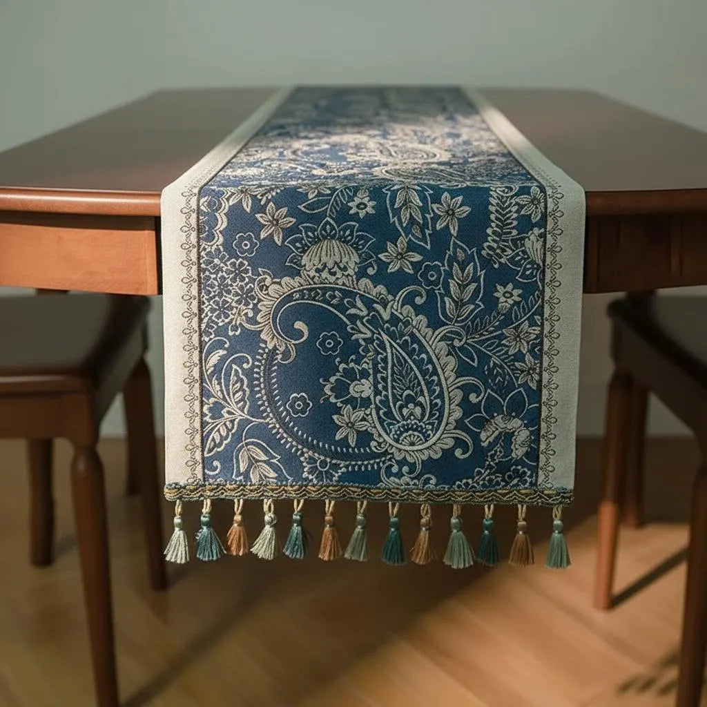 Navy paisley table runner — scalloped sage border detail