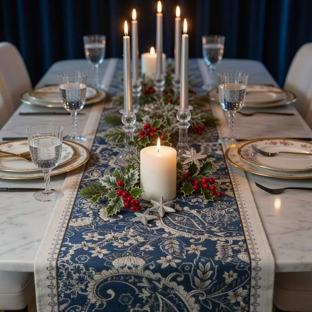 Navy paisley table runner — hand-finished tassel ends