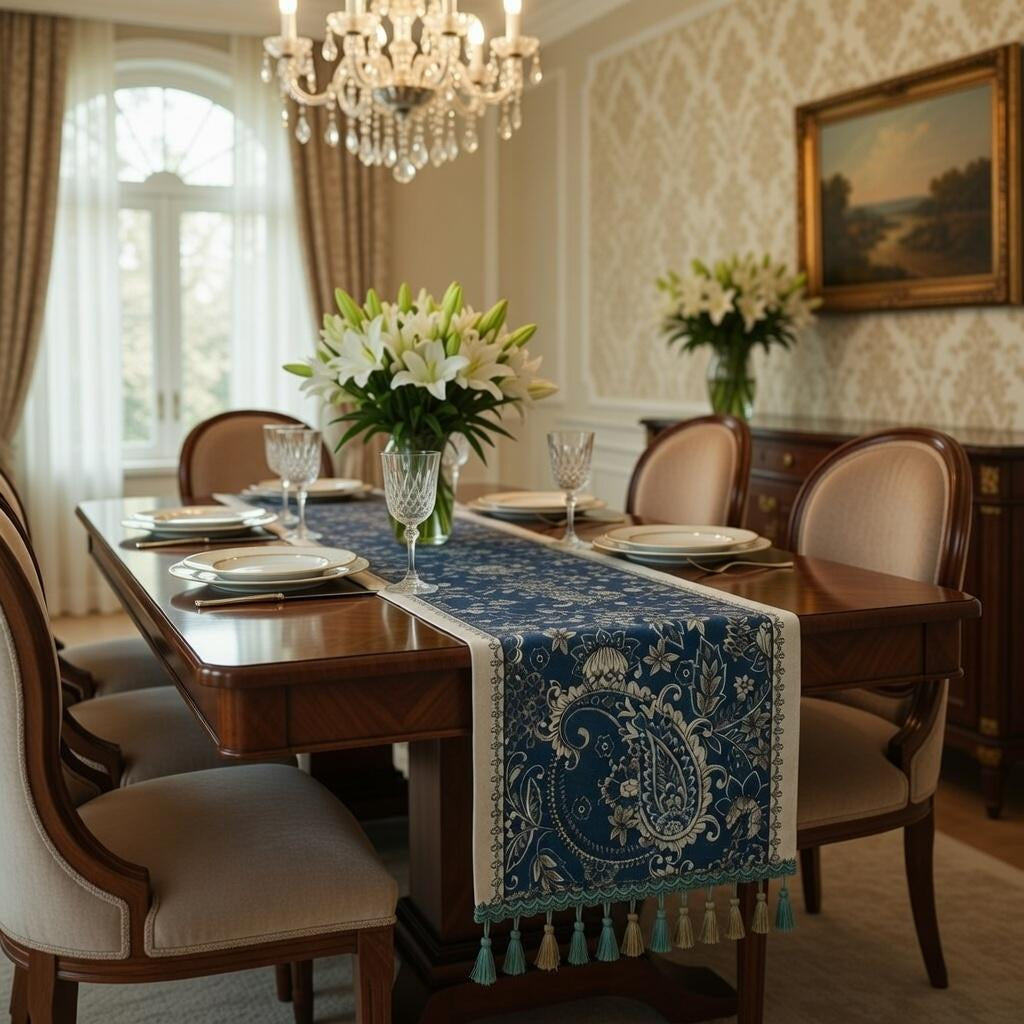 Navy paisley table runner styled on farmhouse dining table