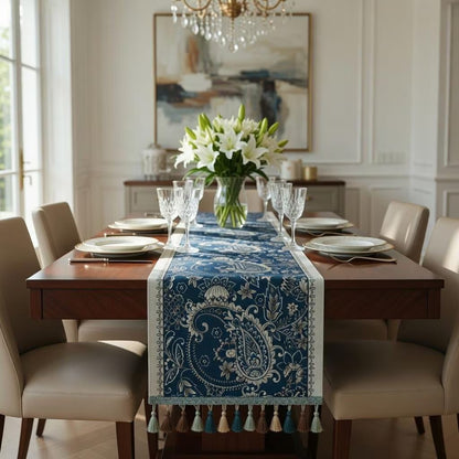 Navy paisley table runner with tassels, view 8