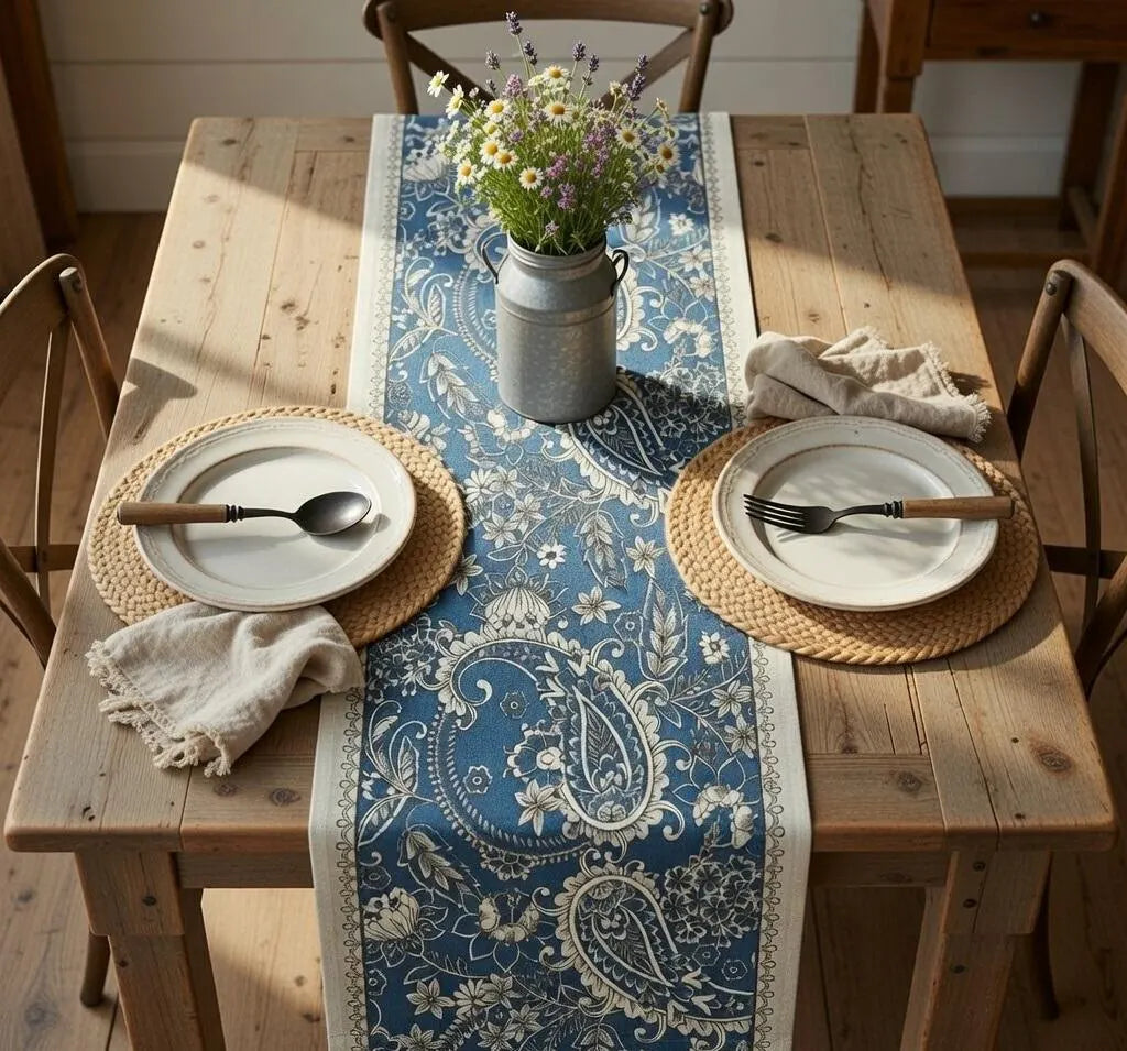 Navy paisley table runner with tassels, view 9