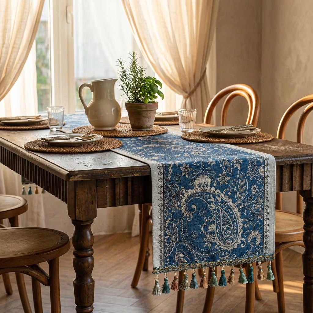 Navy paisley table runner with tassels, view 10