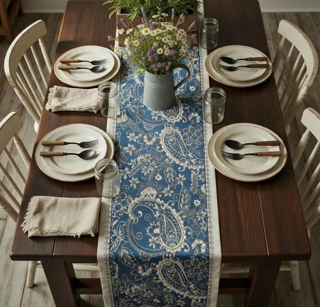 Navy paisley table runner with tassels, view 11