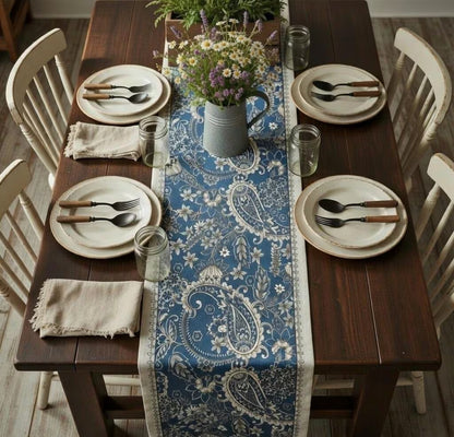 Navy paisley table runner with tassels, view 11