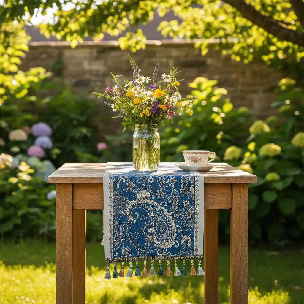 Navy paisley table runner with tassels, view 12