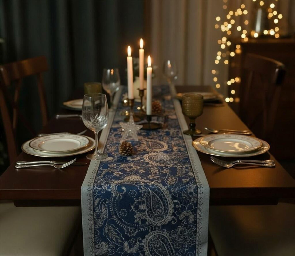 Navy paisley table runner — size chart