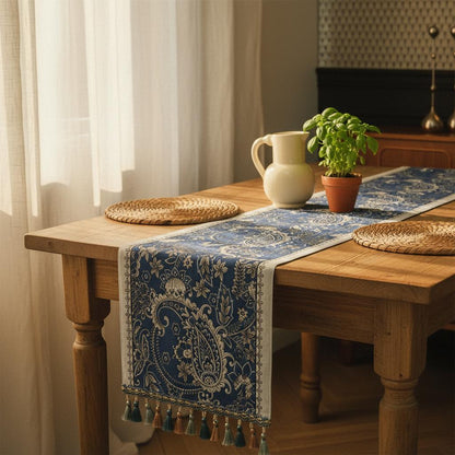 Navy paisley table runner with tassels, view 14