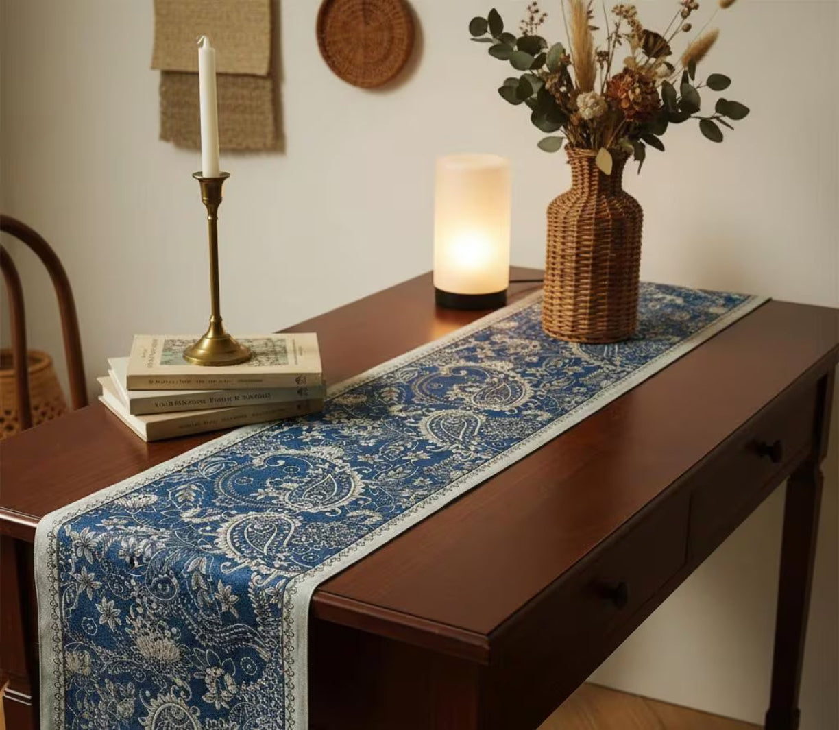 Navy paisley table runner with tassels, view 15