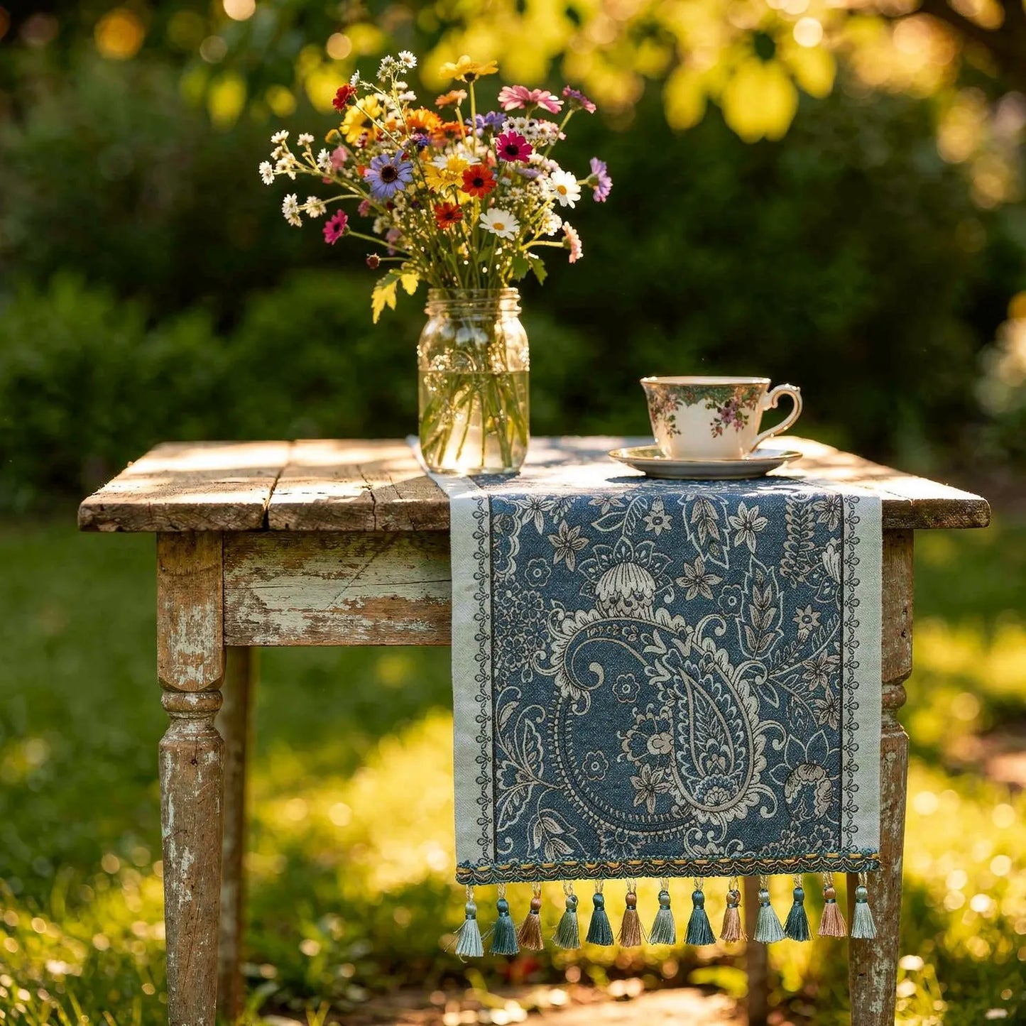 Navy paisley table runner with tassels, view 16