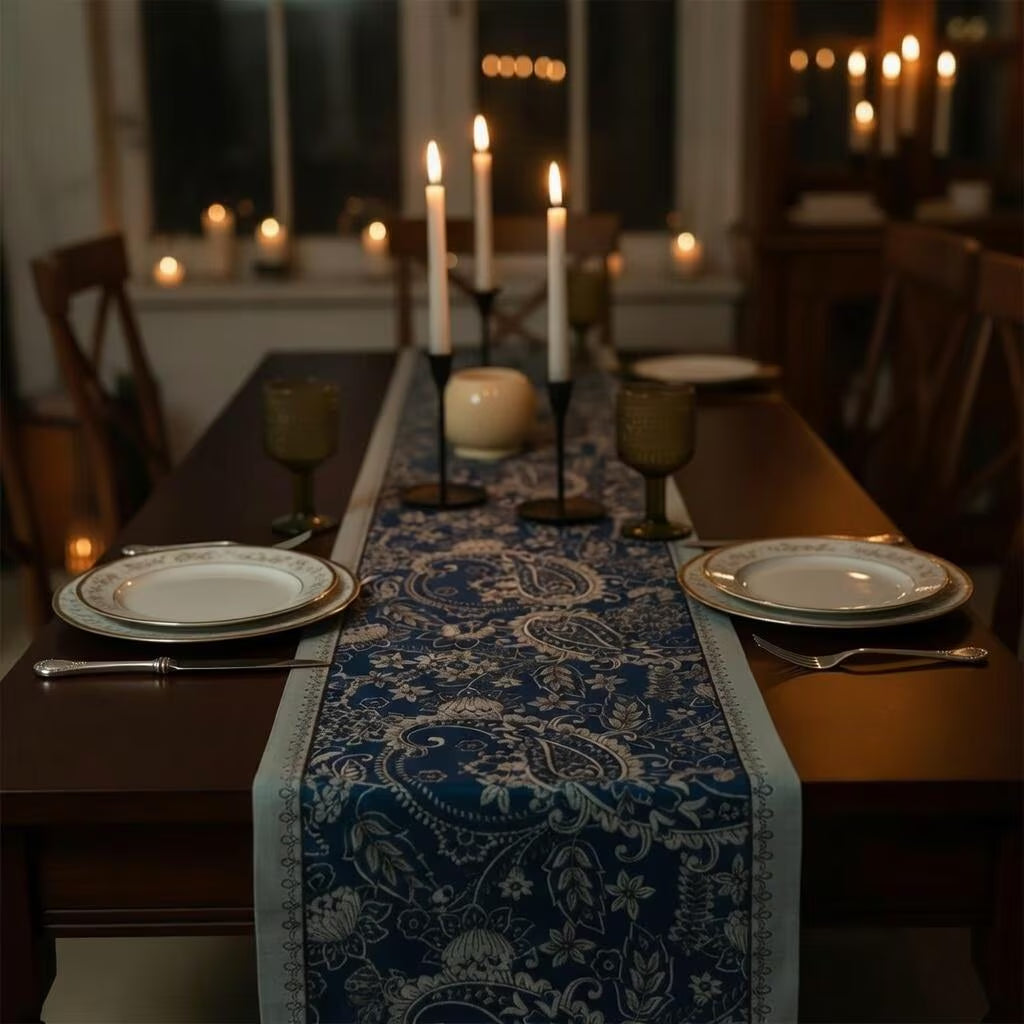 Navy paisley table runner with tassels, view 17