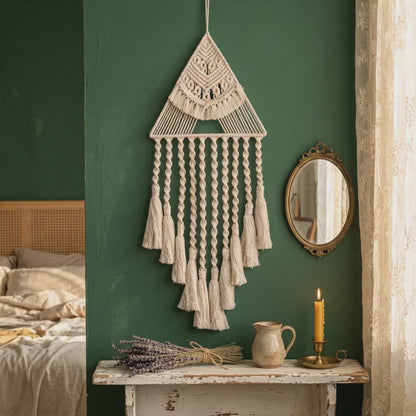 Triangle Macrame Dreamcatcher Wall Hanging — Boho Tassel Geometric Decor, Cotton