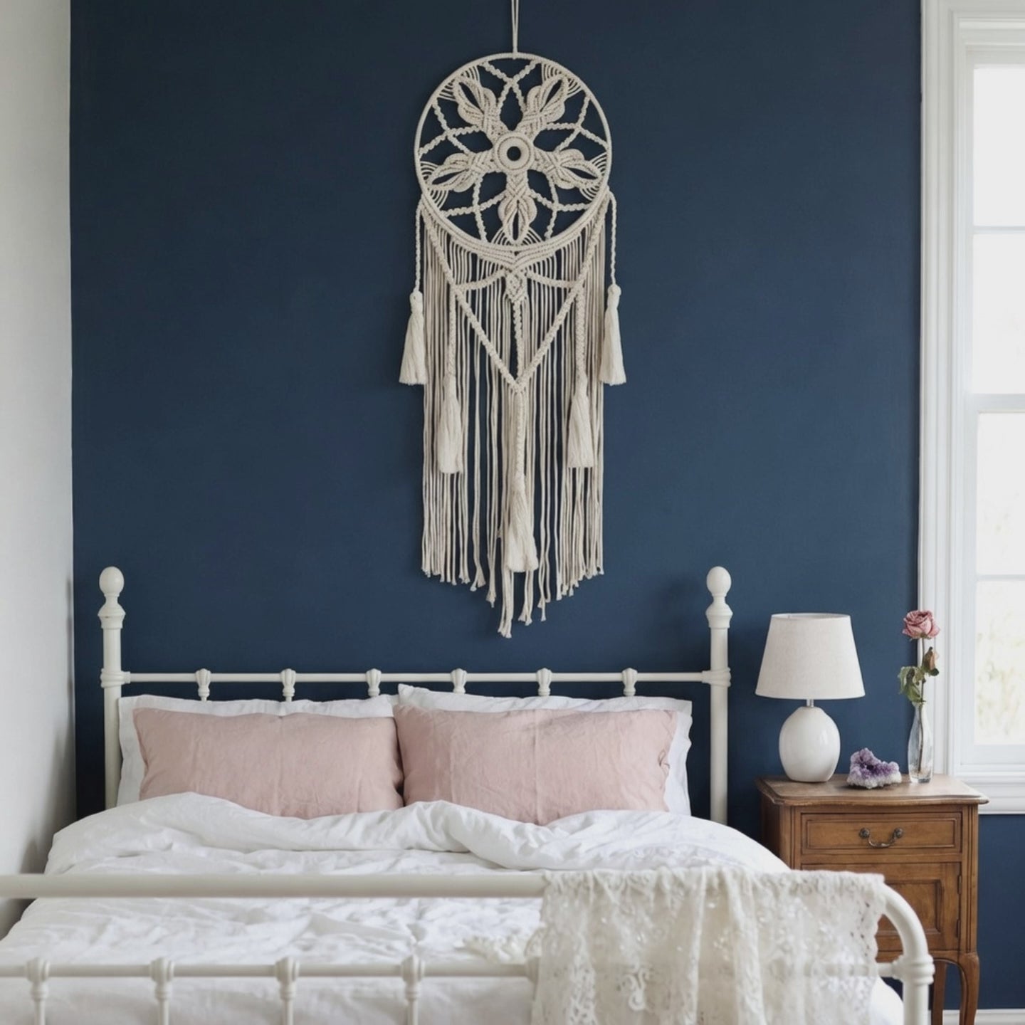 Large round macrame dreamcatcher cream color boho bedroom navy wall product video — Bohoartis