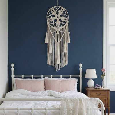 Large round macrame dreamcatcher cream color boho bedroom navy wall product video — Bohoartis