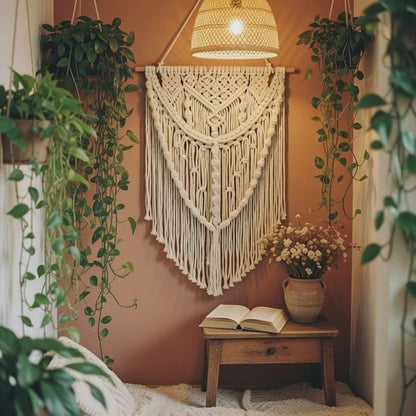 Macrame Wall Hanging — Boho Fringe Tapestry with Chevron Knotwork, Natural Cotton