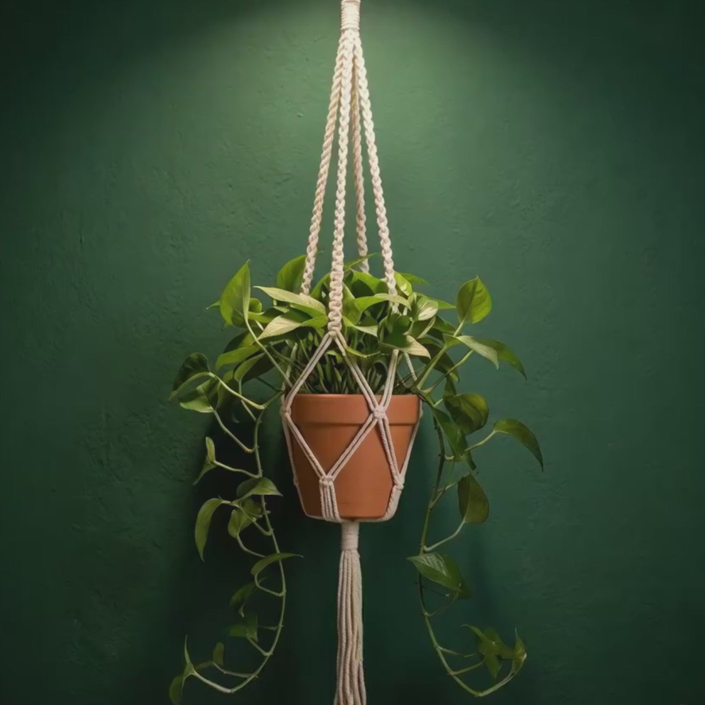 macrame plant hanger metal ring top on dark green wall with terracotta pot, boho indoor plant decor