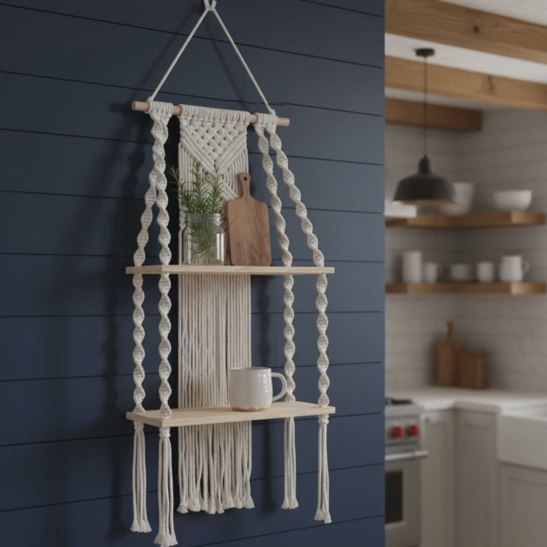 Macrame wall shelf with two floating wooden boards boho hanging shelf styling video demonstration