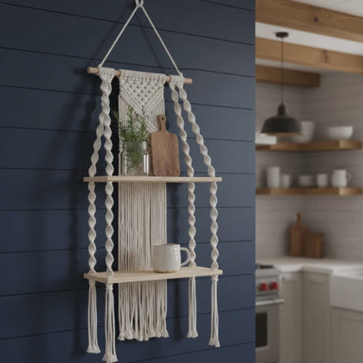 Macrame wall shelf with two floating wooden boards boho hanging shelf styling video demonstration