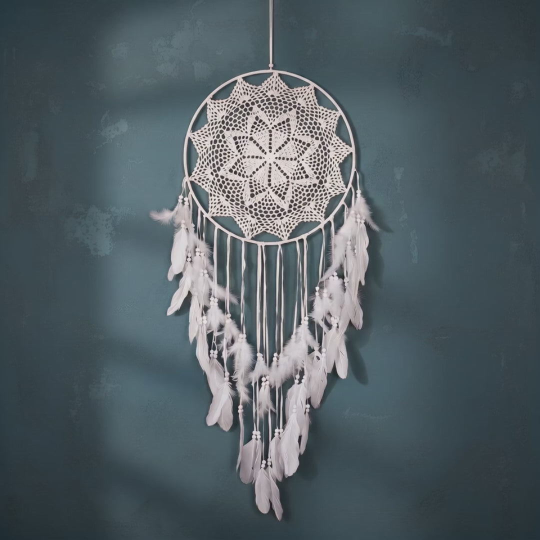 Large White Dreamcatcher — Crochet Lace Wall Hanging with Feathers