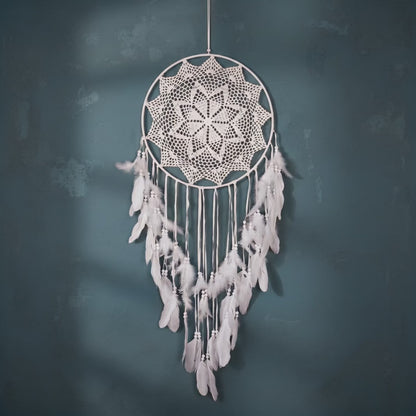 Large White Dreamcatcher — Crochet Lace Wall Hanging with Feathers