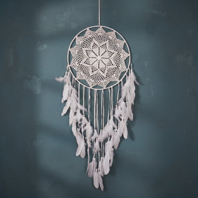 Large White Dreamcatcher — Crochet Lace Wall Hanging with Feathers