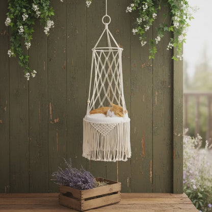Macrame Cat Hammock — Handmade Fringe Hanging Bed, Boho Pet Decor