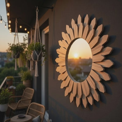 Sunflower wood mirror set in dark moody interior — cottagecore rustic wall decor
