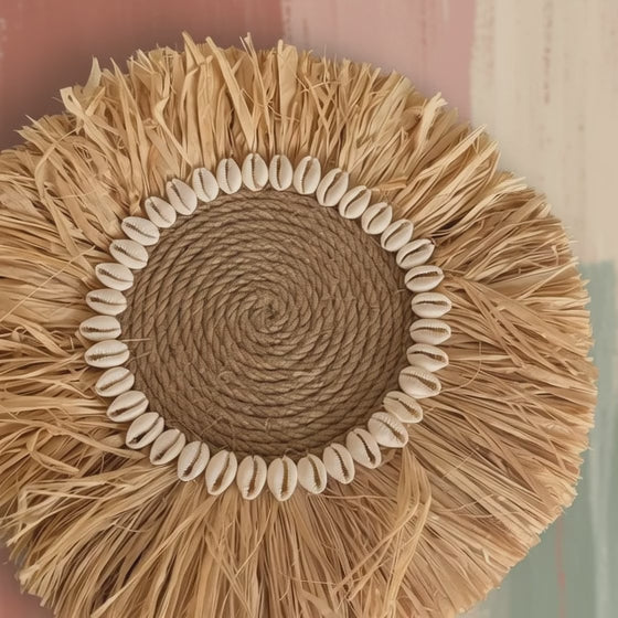 Handmade Raffia Hanging with Cowrie Shells | Boho round Straw Art | Beach House Gift