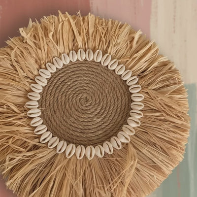 Handmade Raffia Hanging with Cowrie Shells | Boho round Straw Art | Beach House Gift