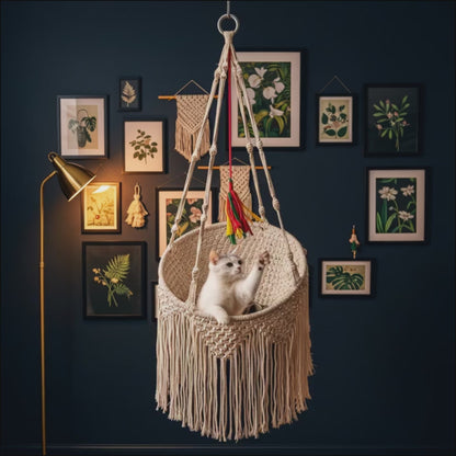 Macrame Cat Bed Hanging Hammock — Boho Cotton Basket with Fringe, Ceiling Swing for Cats