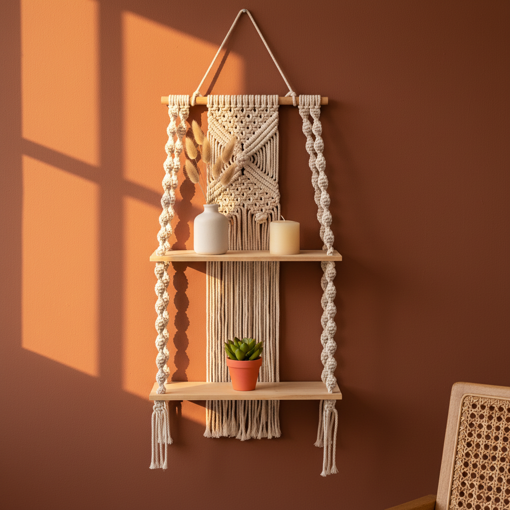 Macrame farmhouse shelf with fringe detail on warm brown wall styled with ceramics and natural decor