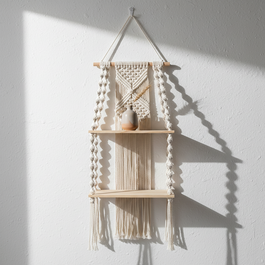 Macrame floating shelf with natural cotton cord and two wooden boards on white background product view