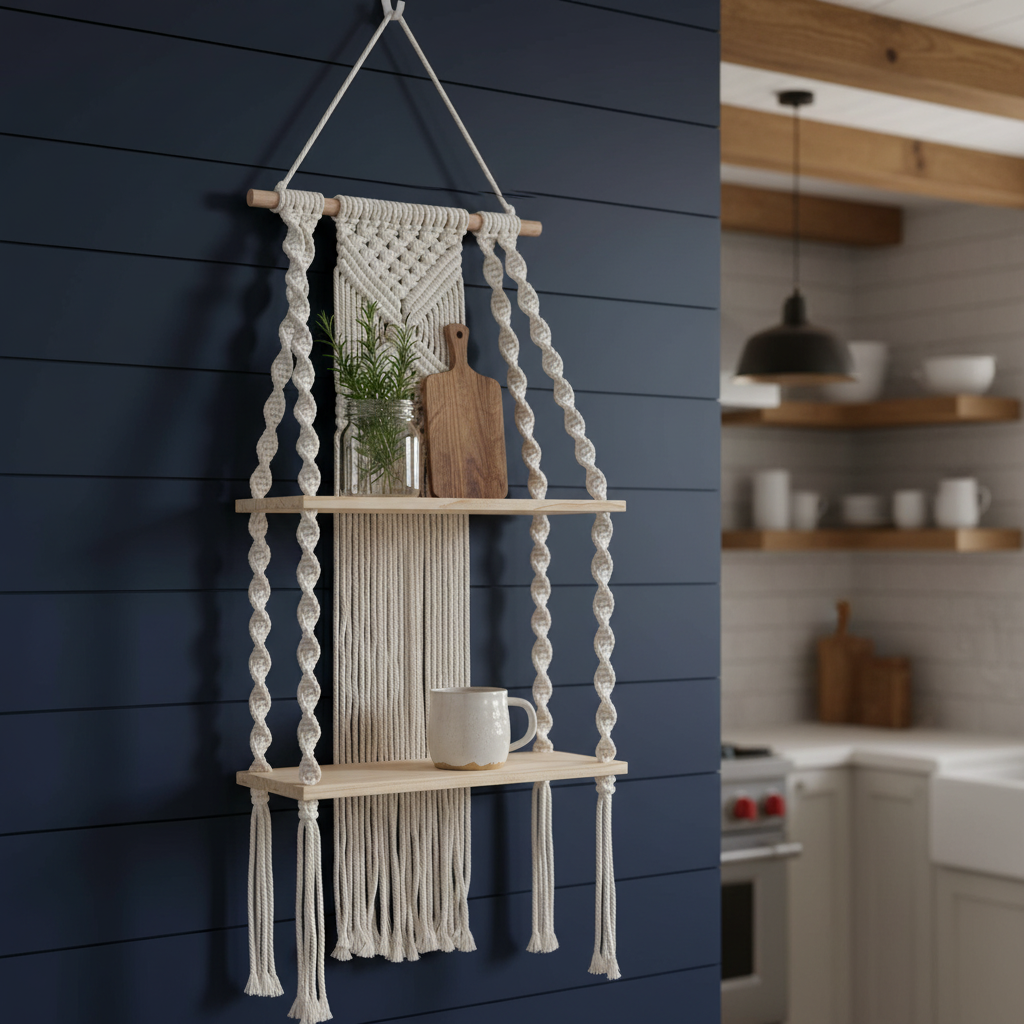 Macrame wall shelf with two wooden boards on dark blue wall styled with boho home decor objects