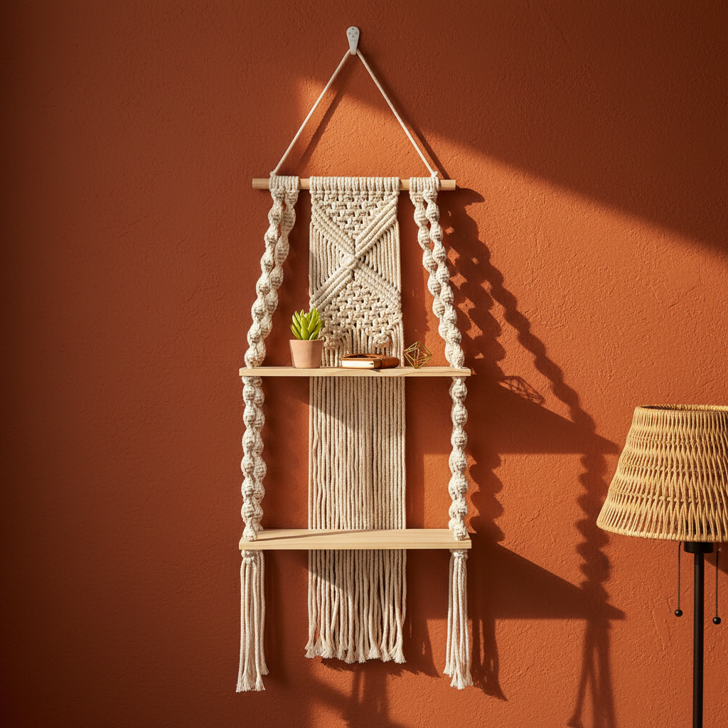 Boho macrame wall shelf on terracotta orange wall with farmhouse style home decor styling