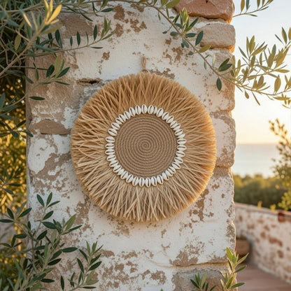 Round woven wall art with natural elements on a stone wall with greenery