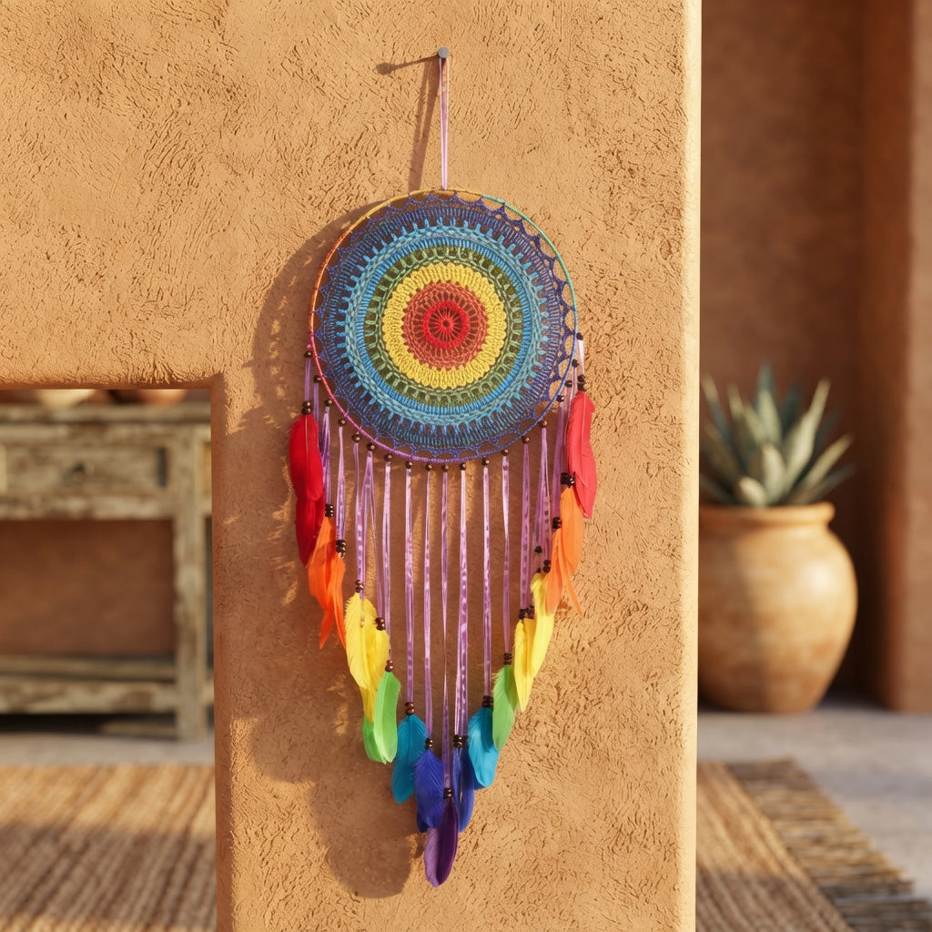 Boho macrame wall hanging on terracotta wall, rainbow dreamcatcher with wood bead decor in Southwestern interior